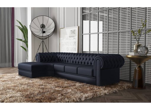Canapé d'angle méridienne en cuir noir capitonné Chesterfield - Angle Gauche
