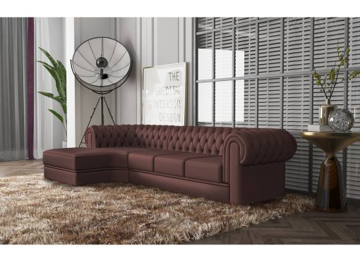 Canapé d'angle méridienne en cuir marron capitonné CHESTERFIELD - Angle Gauche