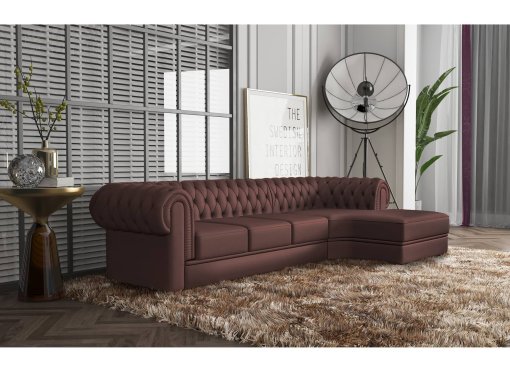Canapé d'angle méridienne en cuir marron capitonné CHESTERFIELD - Angle Droit
