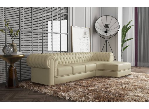 Canapé d'angle méridienne en cuir beige capitonné Chesterfield - Angle Droit