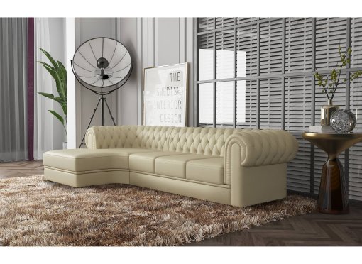 Canapé d'angle méridienne en cuir beige capitonné Chesterfield - Angle Gauche
