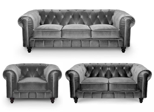 Ensemble 3+2+1 places gris en velours CHESTERFIELD