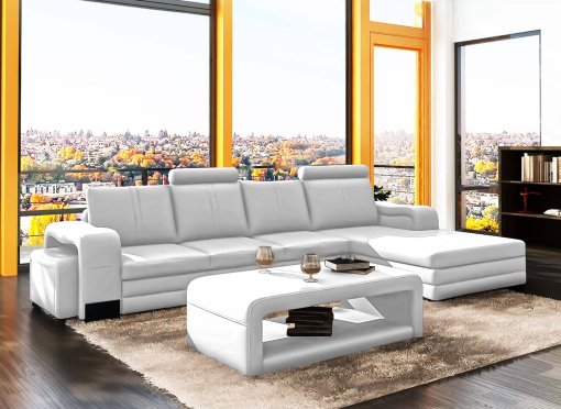 Canapé d'angle droit méridienne blanc design en cuir HAVANE
