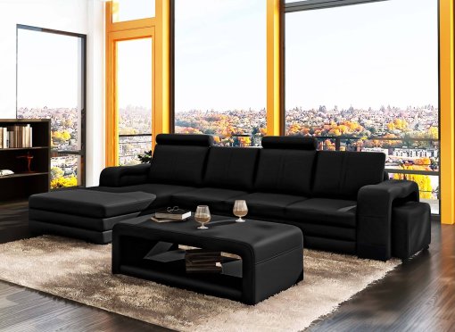 Canapé d'angle gauche méridienne noir design en cuir HAVANE