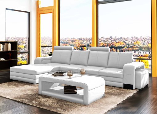 Canapé d'angle gauche méridienne blanc design en cuir HAVANE