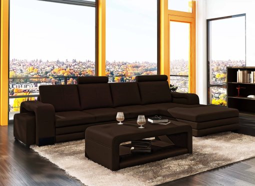 Canapé d'angle droit méridienne marron design en cuir HAVANE