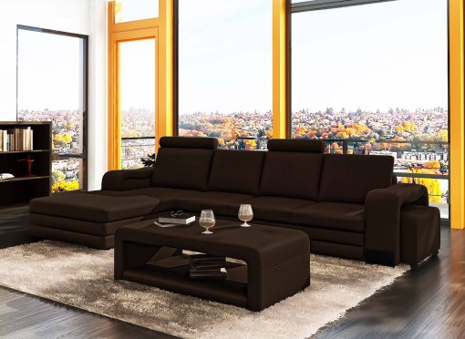 Canapé d'angle gauche méridienne marron design en cuir HAVANE
