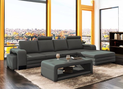 Canapé d'angle droit méridienne gris design en cuir HAVANE