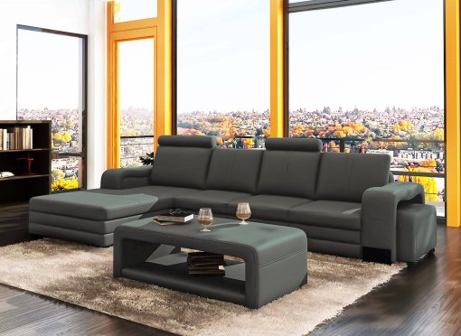 Canapé d'angle gauche méridienne gris design en cuir HAVANE