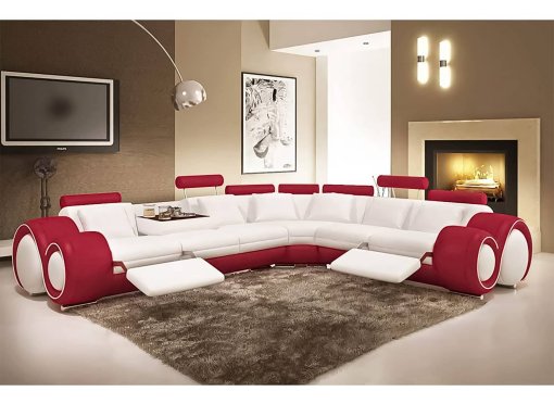 Canapé d'angle cuir blanc et rouge + positions relax OSLO - Angle Droit