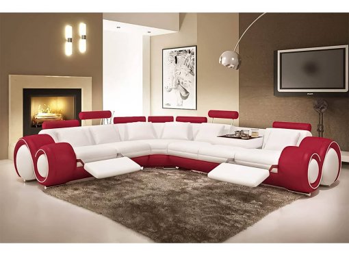 Canapé d'angle cuir blanc et rouge + positions relax OSLO - Angle Gauche