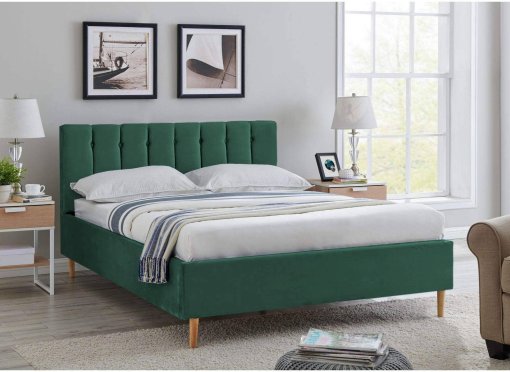 Lit double capitonné en tissu velours vert VALENTINE 140x190 cm