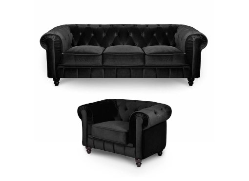Ensemble canapé 3 + 1 place en velours noir Chesterfield