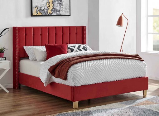 Lit double capitonné en velours rouge AXELLE 160x200 cm