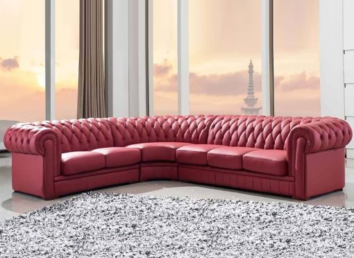 Grand canapé d'angle CHESTERFIELD en cuir rouge capitonné - Angle Réversible