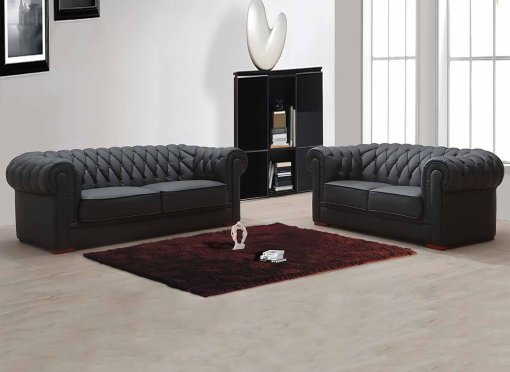 Ensemble capitonné en cuir noir Chesterfield 3+2 places