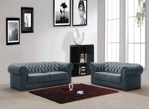 Ensemble capitonné en cuir gris Chesterfield 3+2 places