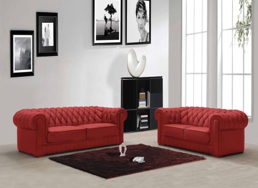 Ensemble capitonné en cuir rouge Chesterfield 3+2 places