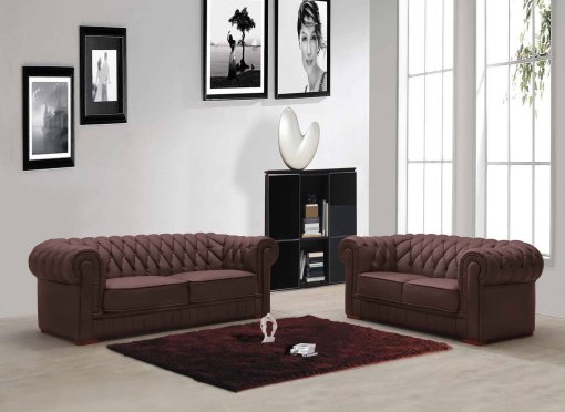 Ensemble capitonné en cuir marron Chesterfield 3+2 places