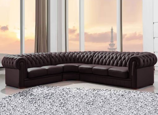 Grand canapé d'angle CHESTERFIELD en cuir marron capitonné - Angle Réversible