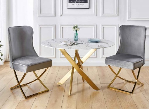 Table à manger ronde design verre marbré et pieds dorés 4 personnes MELISSA