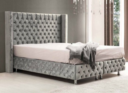 Lit coffre en tissu velours gris 140x190 cm CYRINE