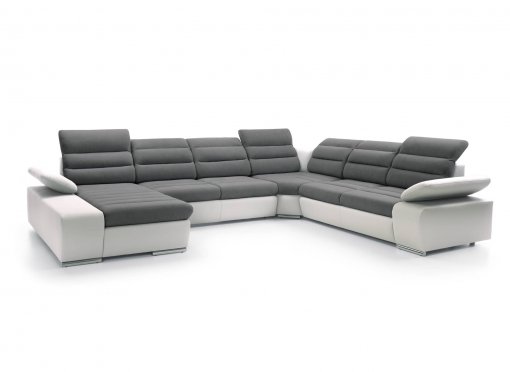 Canapé d’angle panoramique et convertible en tissu gris et simili blanc MAYWEN - Angle gauche