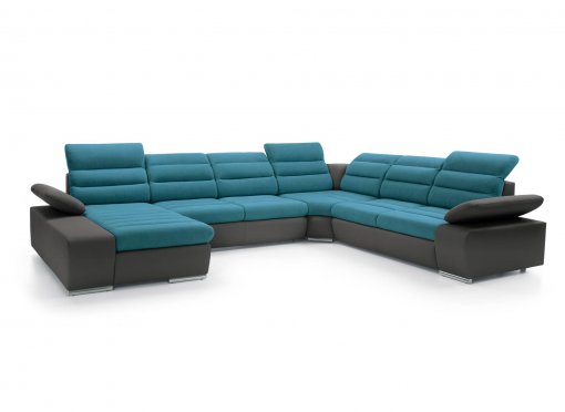 Canapé d’angle panoramique et convertible en tissu bleu et simili gris MAYWEN - Angle gauche