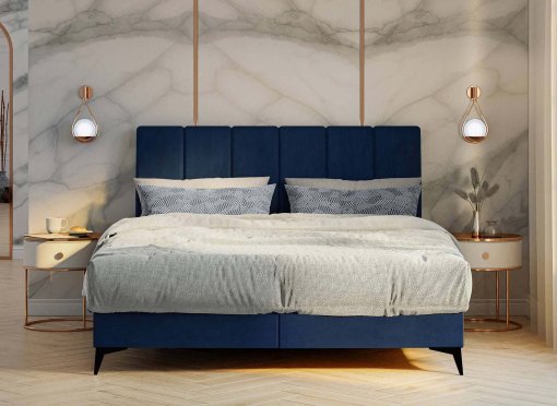 Lit boxspring 140x200 avec coffre de rangement en velours bleu MELINA