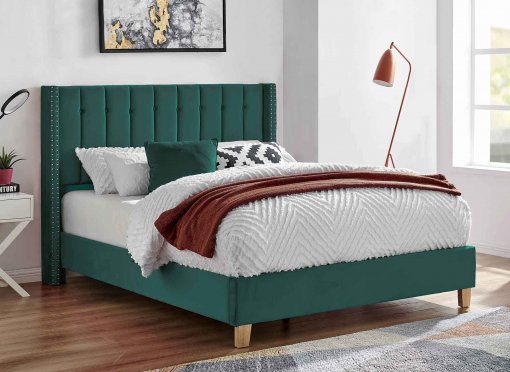 Lit double capitonné en velours vert AXELLE 160x200 cm