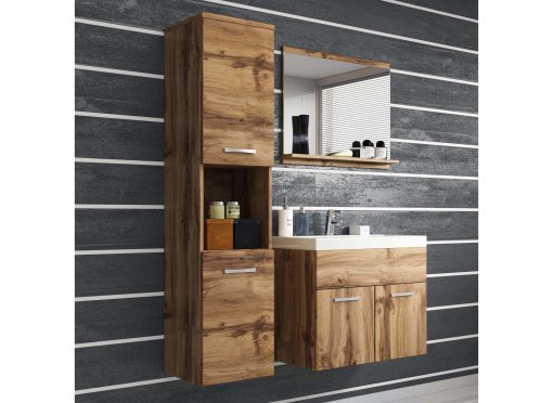 Ensemble meubles salle de bain suspendu - Bois effet vieilli HARMONY