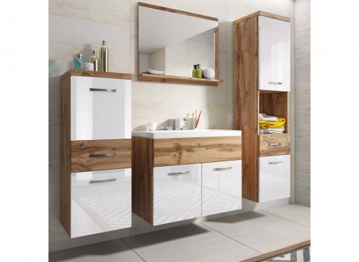 Ensemble meubles salle de bain suspendu - Bois effet vieilli et blanc SHELBY