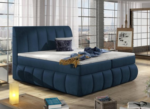 Lit boxspring 180x200 avec coffre de rangement en velours bleu foncé - VALERIA