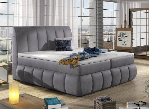 Lit boxspring 180x200 avec coffre de rangement en velours gris - VALERIA