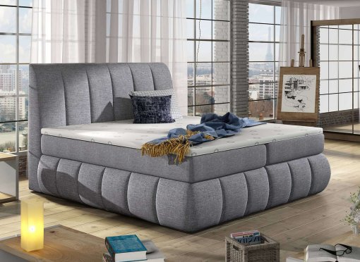 Lit boxspring 180x200 avec coffre de rangement en tissu gris - VALERIA