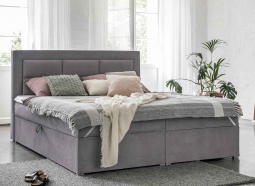 Lit boxspring 180x200 avec coffre de rangement en velours gris - DAKOTA