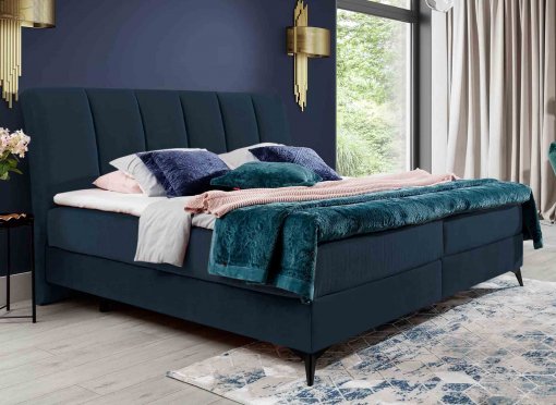 Lit boxspring 180x200 avec coffre de rangement en velours bleu foncé ADELE