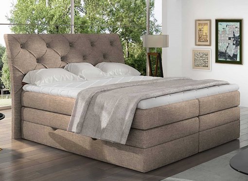 Lit boxspring 180x200 avec coffre de rangement en tissu beige MIRANDA