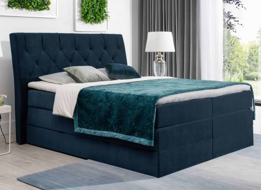 Lit boxspring 180x200 avec coffre de rangement en velours bleu foncé MIRANDA