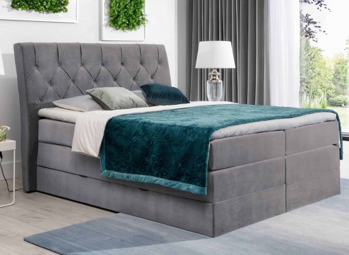 Lit boxspring 180x200 avec coffre de rangement en velours gris MIRANDA