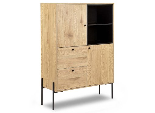Buffet haut 2 portes 2 tiroirs en bois clair et métal noir SOHANE