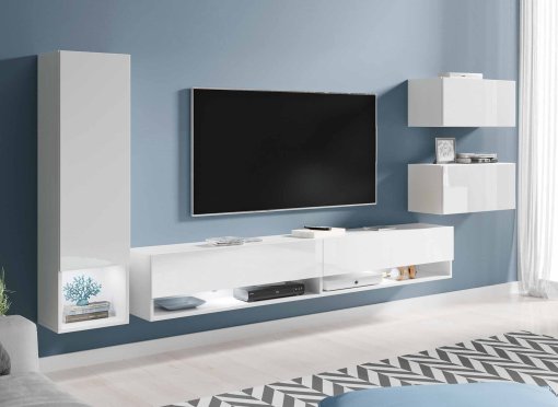 Meuble TV contemporain blanc laqué avec LED - AMANDA