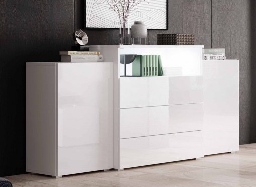 Buffet commodes 2 portes 3 tiroirs blanc laqué avec LED - MARCEL