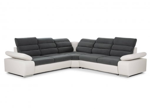 Canapé d’angle convertible et réversible en tissu gris et simili blanc MAYWEN