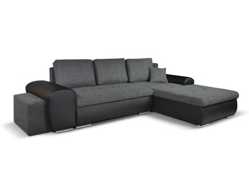 Canapé d'angle convertible et réversible avec coffre en tissu gris et simili noir EMILIO