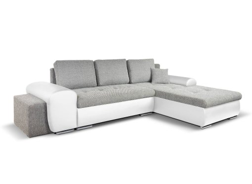 Canapé d'angle convertible et réversible avec coffre en tissu gris et simili blanc EMILIO