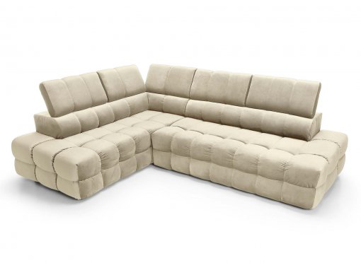 Canapé d’angle convertible matelassé avec coffre en velours beige LORENZO - Angle gauche