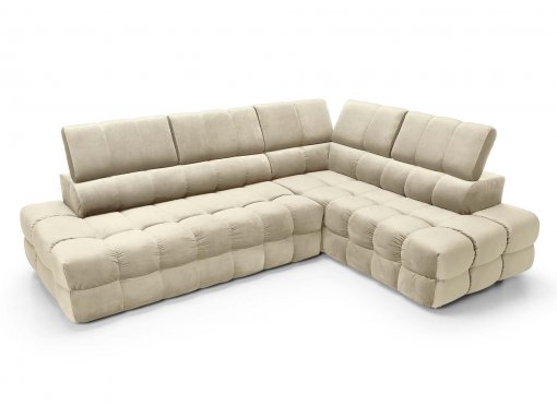 Canapé d’angle convertible matelassé avec coffre en velours beige LORENZO - Angle droit