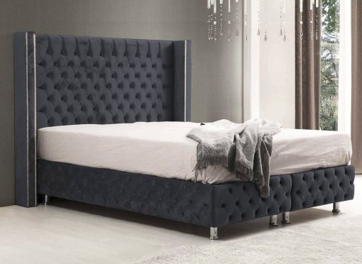 Lit coffre en tissu velours gris anthracite 140x190 cm CYRINE