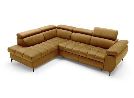 Canapé d’angle convertible matelassé avec coffre en velours moutarde LUCIANO - Angle gauche